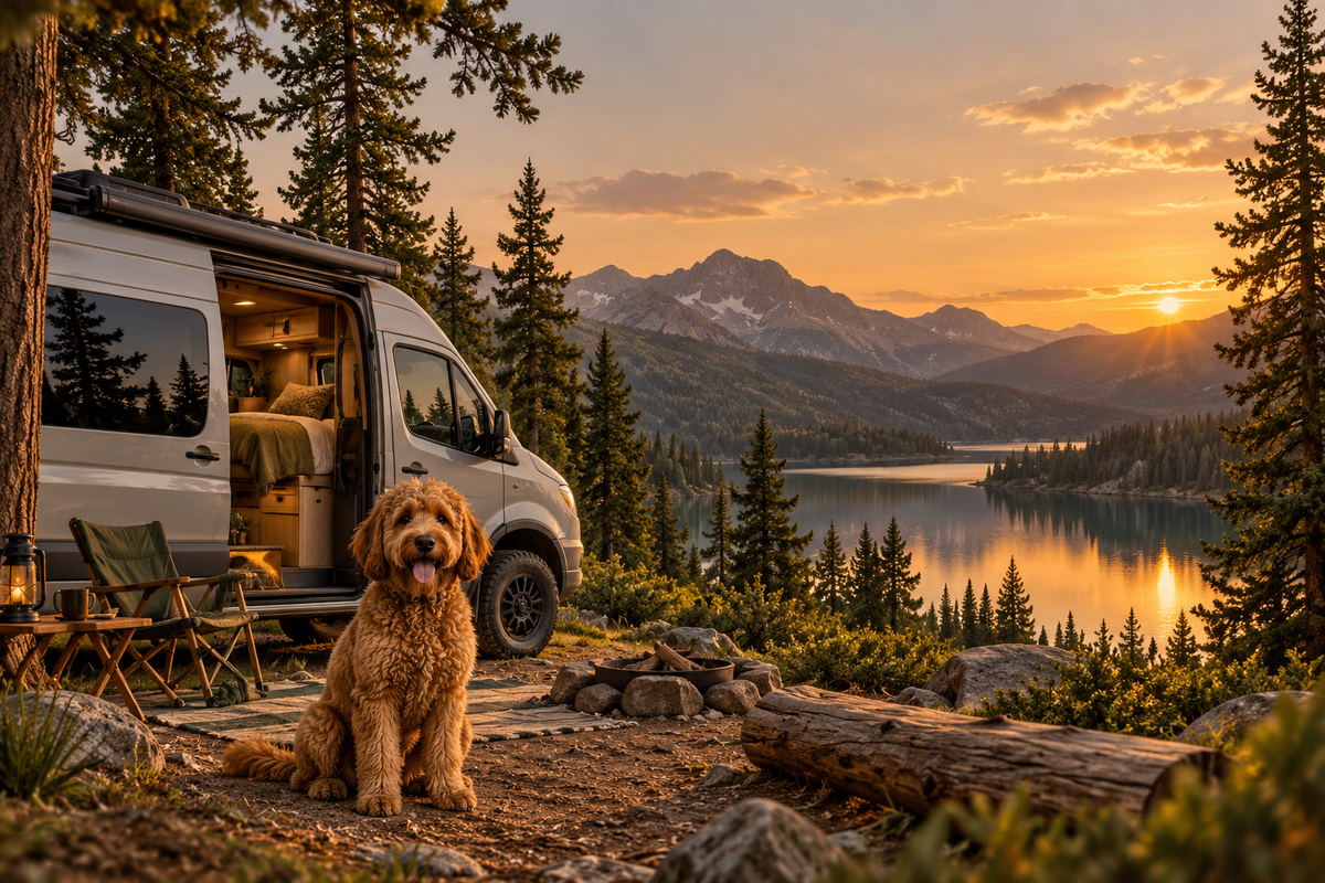 Theo vor dem Camper am See bei Sonnenuntergang